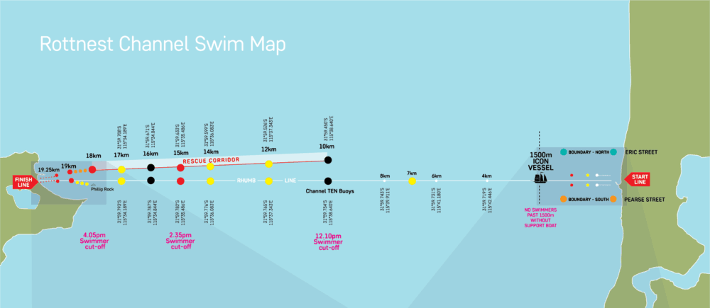 Rotto2020 oversteek Rottnest Channel Swim 2020 map kaart - Lars Bottelier is de winnaar van de Rottnest Channel Swim in 2020